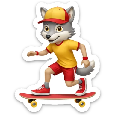 A gray wolf with large, expressive eyes and a friendly smile. The gray wolf is wearing a bright yellow T-shirt, red shorts, white knee socks, and sneakers. The baseball cap is on backwards. The wolf is preparing to perform a skateboarding trick. sticker