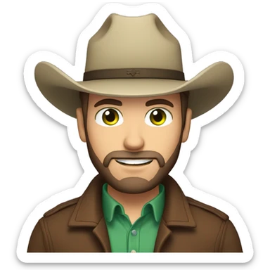 Caucasian male with green eyes, short hair, a dark beard dressed as a cowboy sticker