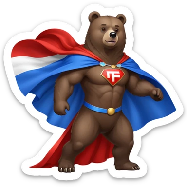 Medium-dark brown bear on four legs with Russian flag as a flowing cape, white, blue and red cloth draped over its back like a superhero cape sticker