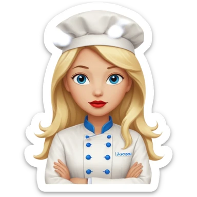Beautiful, sexy,  long blonde hair, blue eyed, full red lips female chef arms folded  sticker