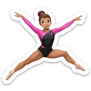 A female gymnast with brown hair in a neat bun, wearing a black uniform with pink elements, performing an acrobatic move. A female gymnast with brown hair in a neat bun, wearing a black uniform with pink elements, performing an acrobatic move. sticker