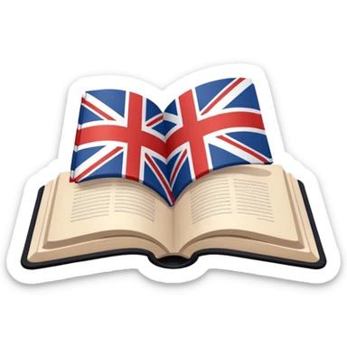 Minimalistic flat vector icon, iOS style, thin black contour on white background. Open book with a small UK/USA flag symbol. No text, no shadows. sticker