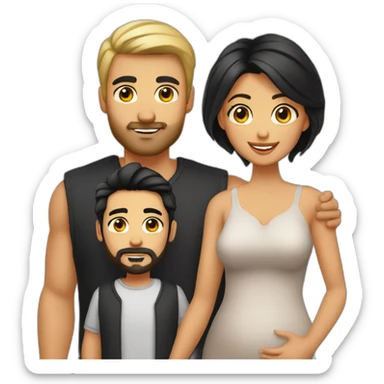 A family of a tanned male dad with black hair modern style and beard and his wife rounded face blonde hair and dark eyes and there is a baby sticker