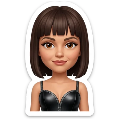 Posh Spice from Spice Girls with brown eyes, straight dark brown hair, black metallic sweetheart dress sticker