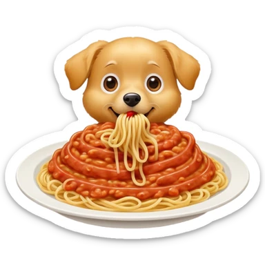 A cheerful cartoon dog happily eating a plate of spaghetti, with a few noodles hanging from its mouth, big sparkly eyes, and a wagging tail. The background is simple and minimalistic, focusing on the dog and the pasta. sticker