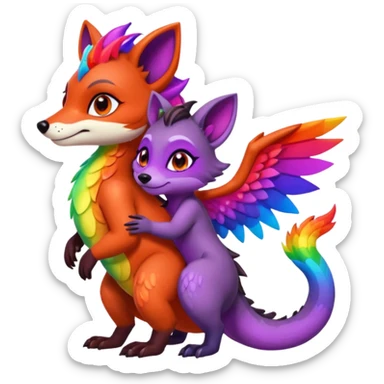 black female raccoon dragon hybrid with rainbow colored wings and purple eyes giving a big hug to a red female fox dragon hybrid with rainbow colored wings and orange eyes sticker