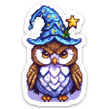 pixel art owl wearing a starry wizard hat sticker