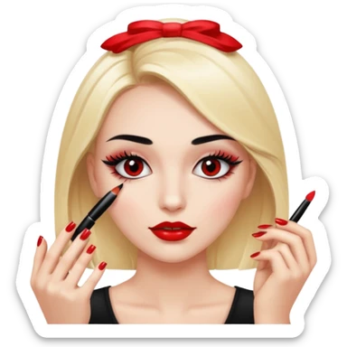 Girl doing make up with glossy nails and eyelashes sticker