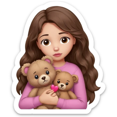 girl with long wavy brown hair, brown eyes, light to medium complexion, in a pink shirt, pink lips, long lashes, sad, hugging a teddy bear with a broken heart sticker