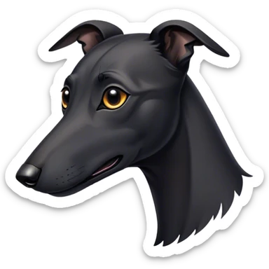 Cinematic Noble Black Greyhound Portrait Emoji, Poised and regal, with a lean, graceful build and a sleek, jet-black Fur, deep-set soulful dark eyes, Simplified yet sharp and sophisticated features, highly detailed, glowing with a soft, dignified glow, high shine, intelligent and swift, stylized with an air of elegance, focused and attentive, soft glowing outline, capturing the essence of a watchful and commanding racer, so majestic it feels as though it could sprint out of the screen with effortless authority! sticker