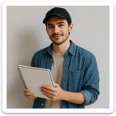 young designer with a baseball cap, holding a sketchbook, casual look sticker