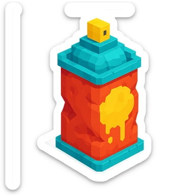 voxel style spray paint can with gold paint, dented and used, isometric view sticker