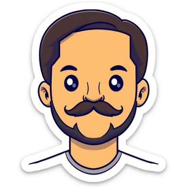close-up of man face only with mustache and beard, medium eyes, medium light skin tone, dark hair, no neck visible, just the face sticker