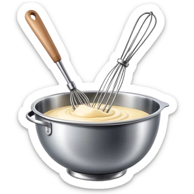 Cinematic Realistic Whisk & Mixing Bowl, a well-used metal whisk resting in a smooth ceramic mixing bowl, light reflecting off the whisk’s polished surface, subtle smears of batter along the rim, glowing with a sense of warmth and creativity. sticker