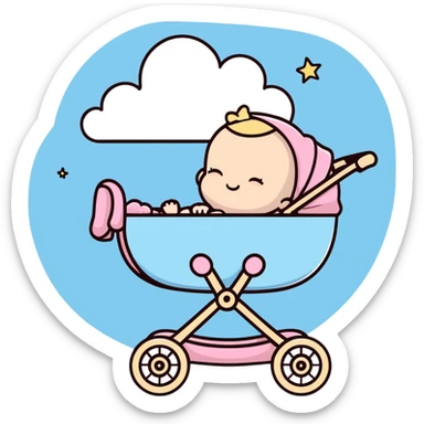 sleeping baby in pink and beige stroller with fluffy pastel blue clouds and shining stars decorating the entire scene sticker