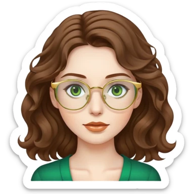 woman with pale skin, brown wavy hair, green eyes, gold glasses sticker