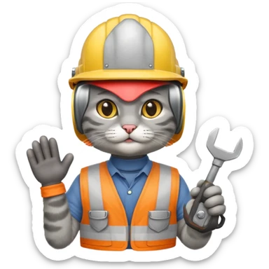 gray cat, handyman Outfit, wearing a Helmet sticker