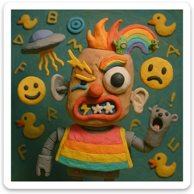 chaotic character with potato-shaped warped face, huge googly eye, tiny angry eye, glitching mouth, star teeth, big nostril, lightning and caterpillar eyebrows, satellite dish and sock puppet ears, half fire half rainbow hair with cactus wearing monocle, UFO dropping spaghetti, robotic body, neon poncho, floating emojis, swirling background of rubber ducks, runes, screaming ferret sticker