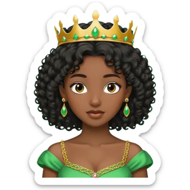 balck princess with black curly hair and a golden tiara. Green dress sticker
