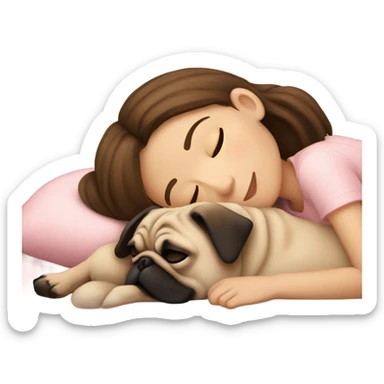 sleeping girl brown hair laying next to a pug sticker