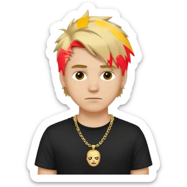 make a iphone emoji who is a white man that looks young with messy blonde medium hair with a black punk shirt and a golden neckless sticker