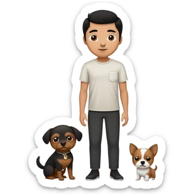 Mexican man with black hair and brown eyes wearing a shirt and black pants, holding a small white dog with one brown ear sticker