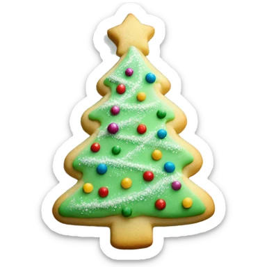 1 Layered sugar cookie shaped like a Christmas tree, dusted with powdered sugar and decorated with tiny ornaments sticker