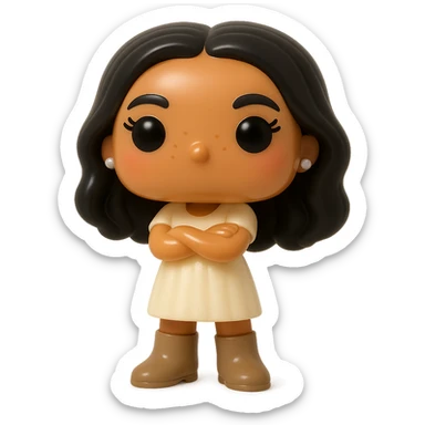 Enhance the Funko Pop style vinyl figure with superior quality, luminous smooth tanned skin, detailed dark hair, textured feminine cream dress, small pearly earrings, greige leather boots clearly visible, arms crossed, rosy cheeks, very discreet freckles, eyelashes, mischievous and cheerful expression, no mouth, transparent background. sticker