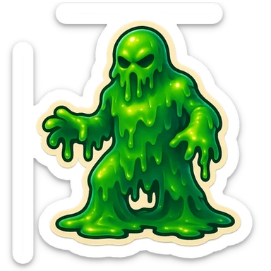 Slime monster. green slime. scary sinister. slime attacks. show full body. more dripping slime. talk humanoid slime creature. sinsiter and scary...green slime. has 2 arms and a vague head sticker
