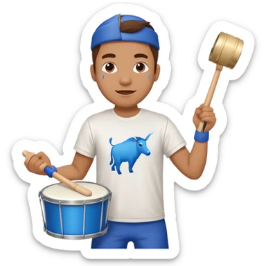 A loud fan, simple tee shirt with paint on his cheeks with a marching drum, beating it with enthusiasm sticker