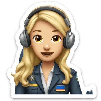 Blonde beautiful Pilot girl with long hair and headset sitting in the pilot cabin  sticker