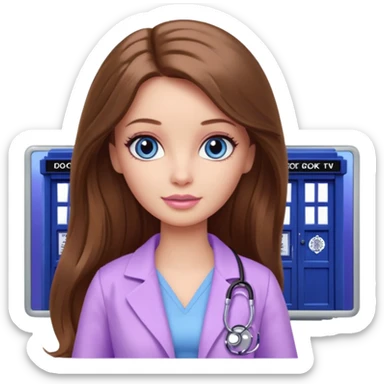 beautiful barbie girl with long brown hair, blue eyes and wearing light purple clothes watching tv show doctor who sticker