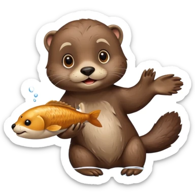 adorable otter floating on water, holding a fish sticker