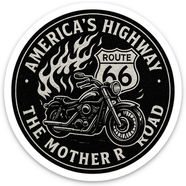 circular design for motorcycle cap, transparent background, text 'AMERICA'S HIGHWAY - ROUTE 66 - THE MOTHER ROAD', motif: flame, motorcycle, Route 66 sign, dark style sticker