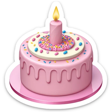Draw a birthday cake with pink cream and topping on the top side using an isometric camera with a High-Angle Shot. sticker