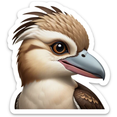 Cinematic Noble Kookaburra Portrait Emoji, Poised and regal, with a stout, robust build and a striking plumage of earthy browns and creams, a strong beak and deep-set soulful eyes, Simplified yet sharp and sophisticated features, highly detailed, glowing with a soft, dignified glow, high shine, intelligent and exuberant, stylized with an air of native woodland majesty, focused and attentive, soft glowing outline, capturing the essence of a watchful and confident bird, so majestic it feels as though it could laugh out of the screen with effortless authority! sticker