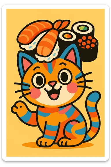 vibrant and playful cat wearing a hat made out of sushi, colorful and fun sticker