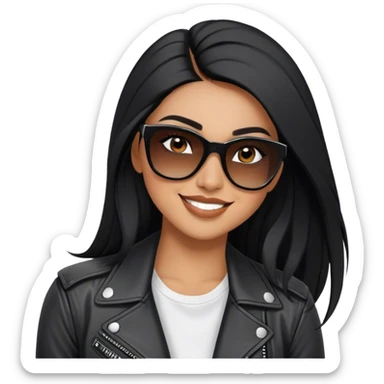 beautiful fit woman, with long straight black hair, with make up, black eye liner, smile mooth close, mexican, brown skin, wearing white tee, wearing leather black jacket, solar black wayfarer on the tip of the nose sticker
