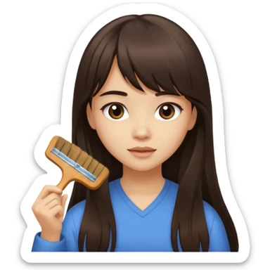 a girl with light skin and dark brown long hair with bangs who is brushing her hair sticker