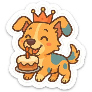 playful dog with a birthday crown, holding a cake in its mouth, colorful and fun, minimal background sticker