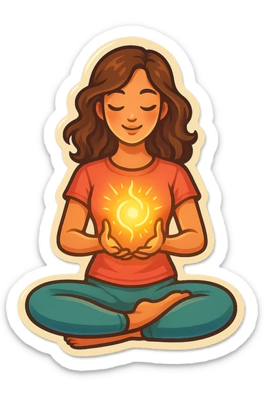 feminine drawing of girl in lotus pose holding glowing energy, detailed retro stickers style with soft shadows and highlights, transparent background sticker