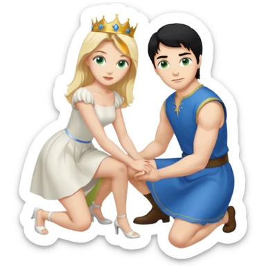 King, man, black Hair, blue eyes, whole body, Woman, bending knees, blonde, green eyes, White Dress, sticker