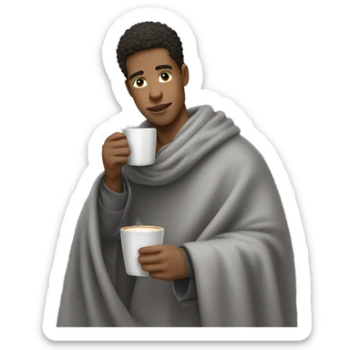 Light skin man cozy in grey blanket sipping coffee sticker