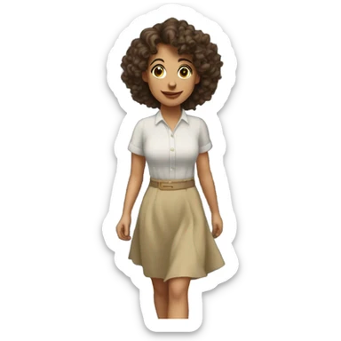 Pretty brunettes curly haired woman with a modest skirt and pretty blouse walking towards a house door sticker