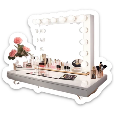 white makeup vanity with glass top and a hollywood style makeup mirror with bulbs around it. skincare and perfume on the desk neatly with white chair  sticker