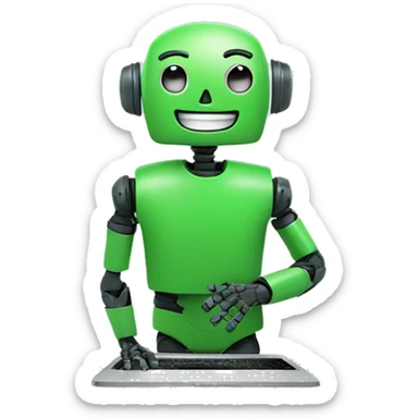 happy robot in laptop wearing green t-shirt sticker