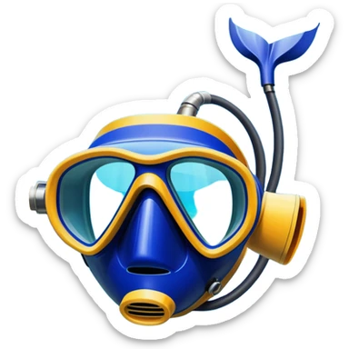 An icon featuring a close-up of a diving mask, snorkel, and fins floating on the surface of vibrant blue water. In the background, coral reefs and tropical fish create a lively underwater scene. Transparent background highlights the beauty and adventure of the diving experience. sticker