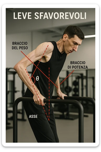 a tall, lean man with very long arms and a short torso attempts a dip on parallel bars. His elbows are deeply bent and his body appears awkwardly positioned, highlighting the mechanical disadvantage. An overlay shows anatomical lines and angles, with labels explaining “Leve Sfavorevoli” The background is a modern gym, with a focus on biomechanics. in italiano sticker