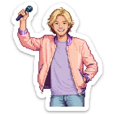 Pixel art style, expressive male performer, Caucasian features, short sandy blonde hair, lively eyes, wide cheerful smile, wearing a coral violet jacket over white tee, tossing a microphone in one hand, waist-up, front-facing sticker
