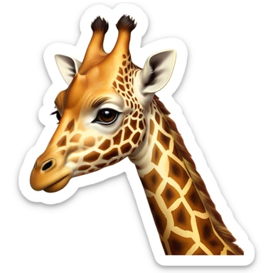 Cinematic Noble Giraffe Portrait Emoji, Poised and regal, with a towering, elegant build and a stunning, patterned Fur of warm yellows and browns, long, graceful neck and soulful, gentle eyes, Simplified yet sharp and sophisticated features, highly detailed, glowing with a soft, dignified glow, high shine, intelligent and graceful, stylized with an air of savannah majesty, focused and attentive, soft glowing outline, capturing the essence of a watchful and confident giant, so majestic it feels as though it could stretch out of the screen with effortless authority! sticker
